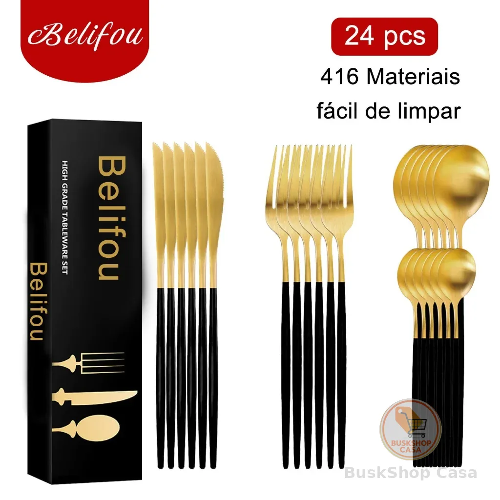 Belifou Kit 24 Jogo De Talheres Aço Inoxidável Preto Dourado