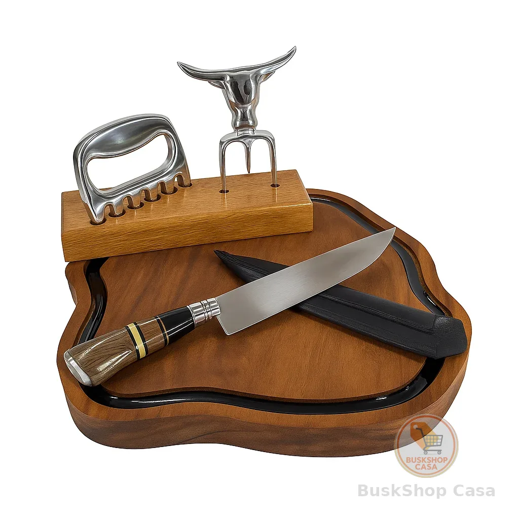 🧡 Kit Churrasco Personalizado Completo Presente Faca Garra de Urso Bainha  Couro Tábua Rústica Resinada