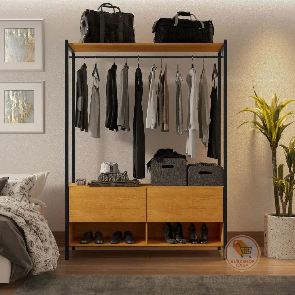 🧡 Closet Estilo Industrial Dallas 2 Gavetas e Suporte para Cabide KLM  Móveis