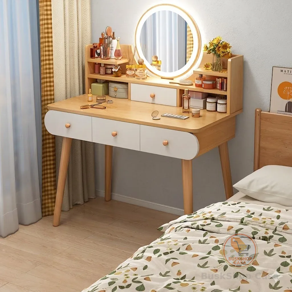 🧡 Penteadeira de quarto com 4 gavetas Mesa de maquiagem multifuncional LED Cor da madeira Yesop