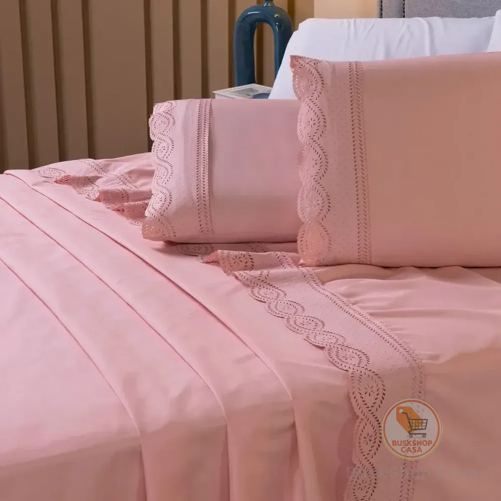 Jogo Lençol Casal Queen 400 Fios Bordado 3 Pçs Micropercal Cor Rose