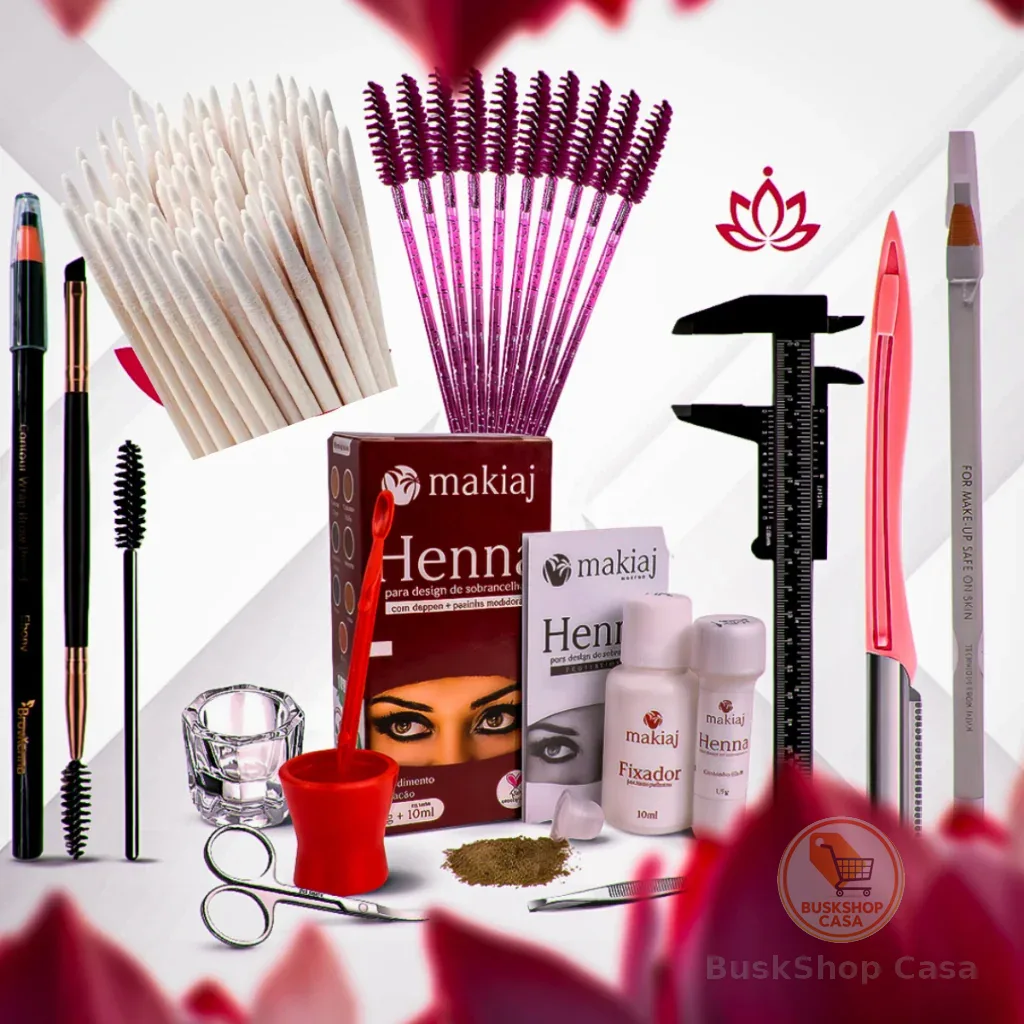 Kit Sobrancelha Henna makiaj+Palito+Navalha+Paquímetro+Tesoura+Pincel+Dappen+ 2 Lápis Dermatográfico