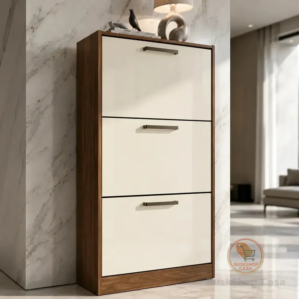 Sapateira Cômoda Organizadora Ampla Plus 3 Portas Santos Andirá Design Moderno Compacta Capacidade 12 Pares Cor Areia