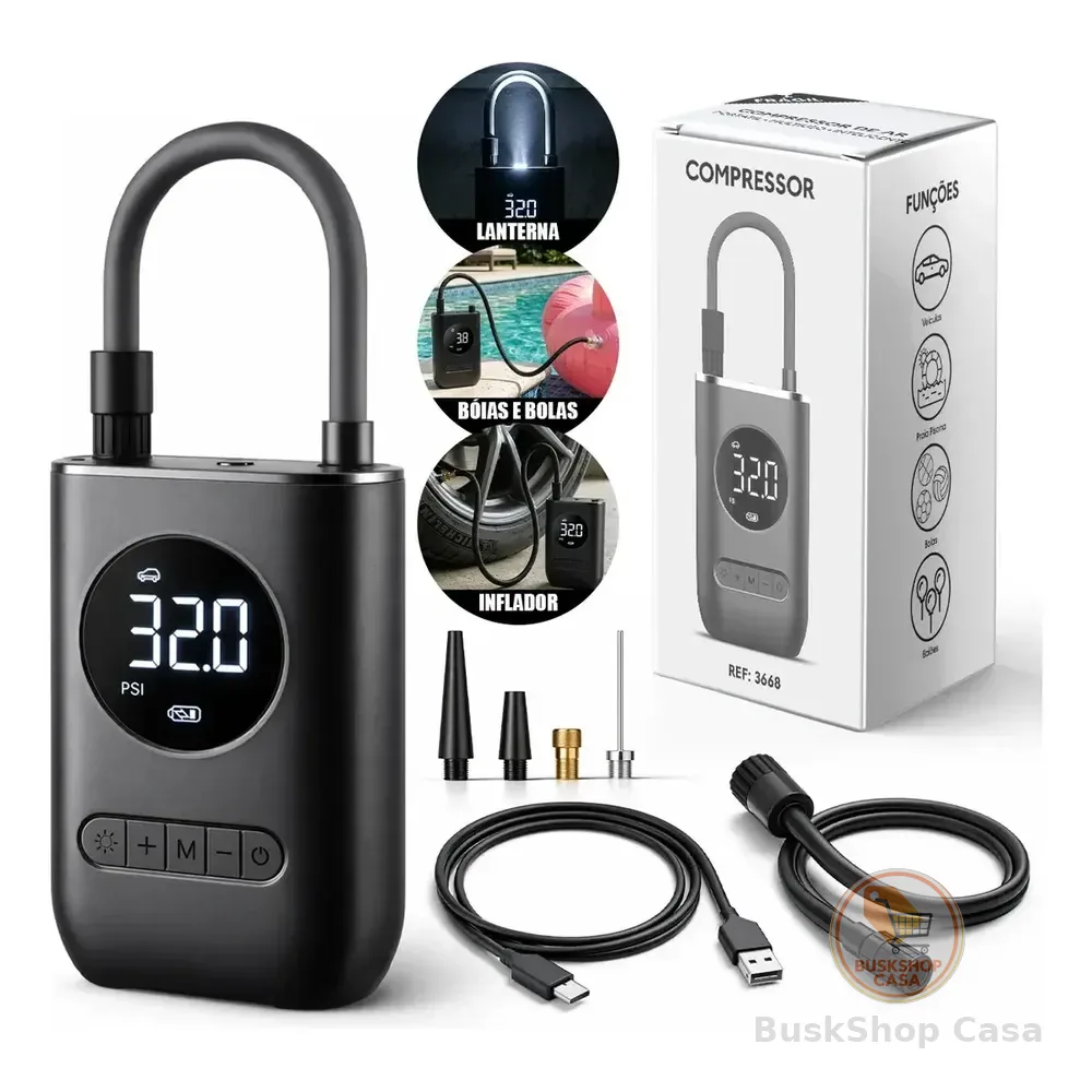 🛍️Compressor De Ar Digital Mini Portátil Recarregável Usb-c Para Pneus De Bicicleta Moto Carro Bolas Infláveis Preto
