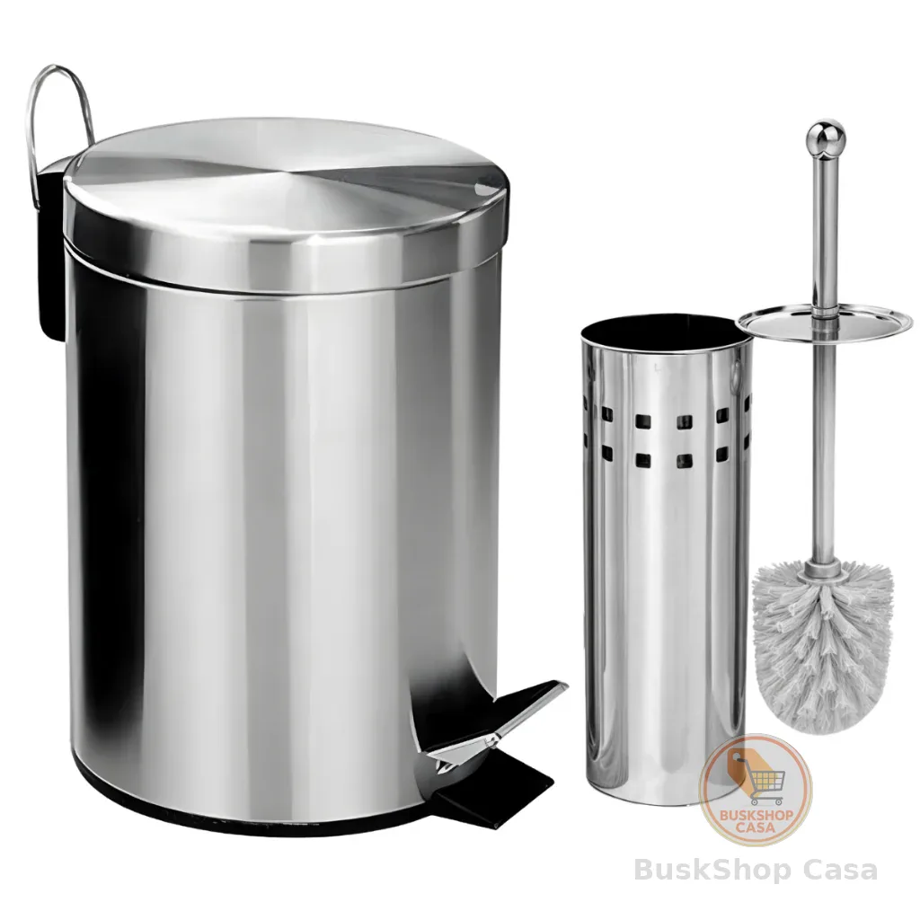 Lixeira Banheiro Inox Pedal Cozinha + Escova Sanitária Inox Com Suporte