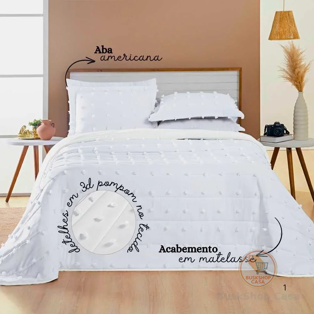 Cobre Leito 3 Peças - Casal\Queen\King - 300 Fios Percal - Dupla Face - Detalhes em 3d Pompom Poppy