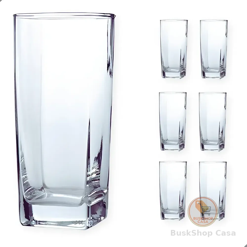 Jogo De 6 Copos De Vidro Alto 300ml Quadrado Suco Agua Ms Variedades