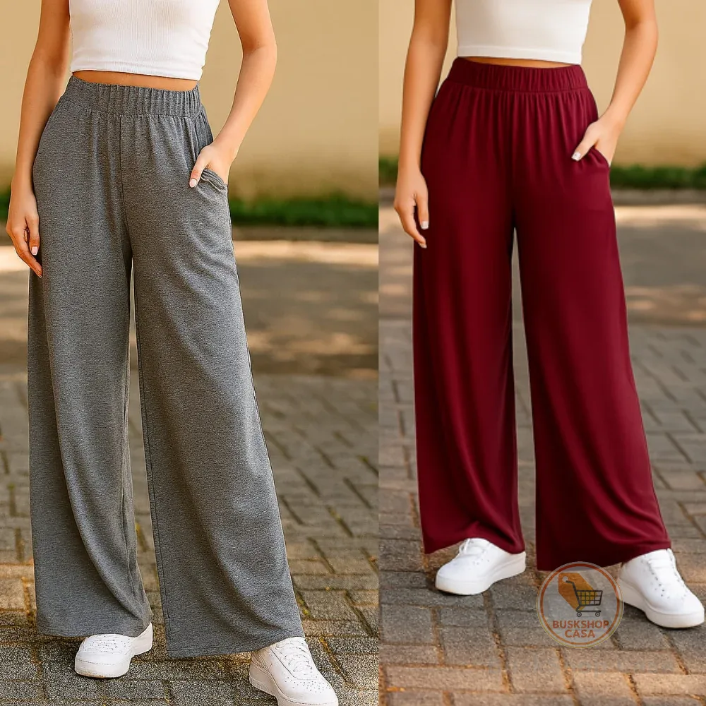 Kit com 2 Calça Pantalona Estilosa com Bolsos Grandes Calça Feminina Estilo de Alfaiataria no tecido Viscolycra