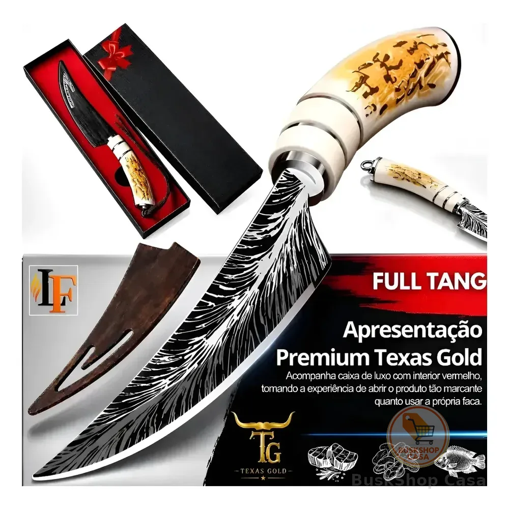 Faca Pena de Águia Chef Full Tang Aço Inox Churrasco Carne Cabo Osso Resinado Premium Profissional Cutelaria Artesanal Ultra Afiada Cozinha Gourmet Presente Masculino Colecionável Presente Caixa Luxo