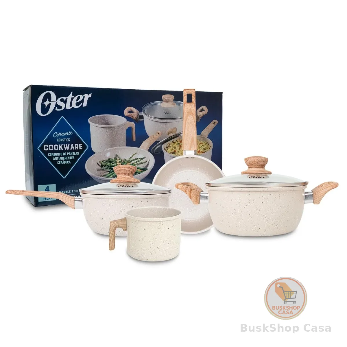 OSTER JOGO DE PANELAS E LEITEIRA MARBLE EDITION CREAM – 4 PEÇAS COM REVESTIMENTO CERÂMICO ANTIADERENTE, ALÇAS EM SILICONE ANTITÉRMICO E BASE COMPATÍVEL COM INDUÇÃO