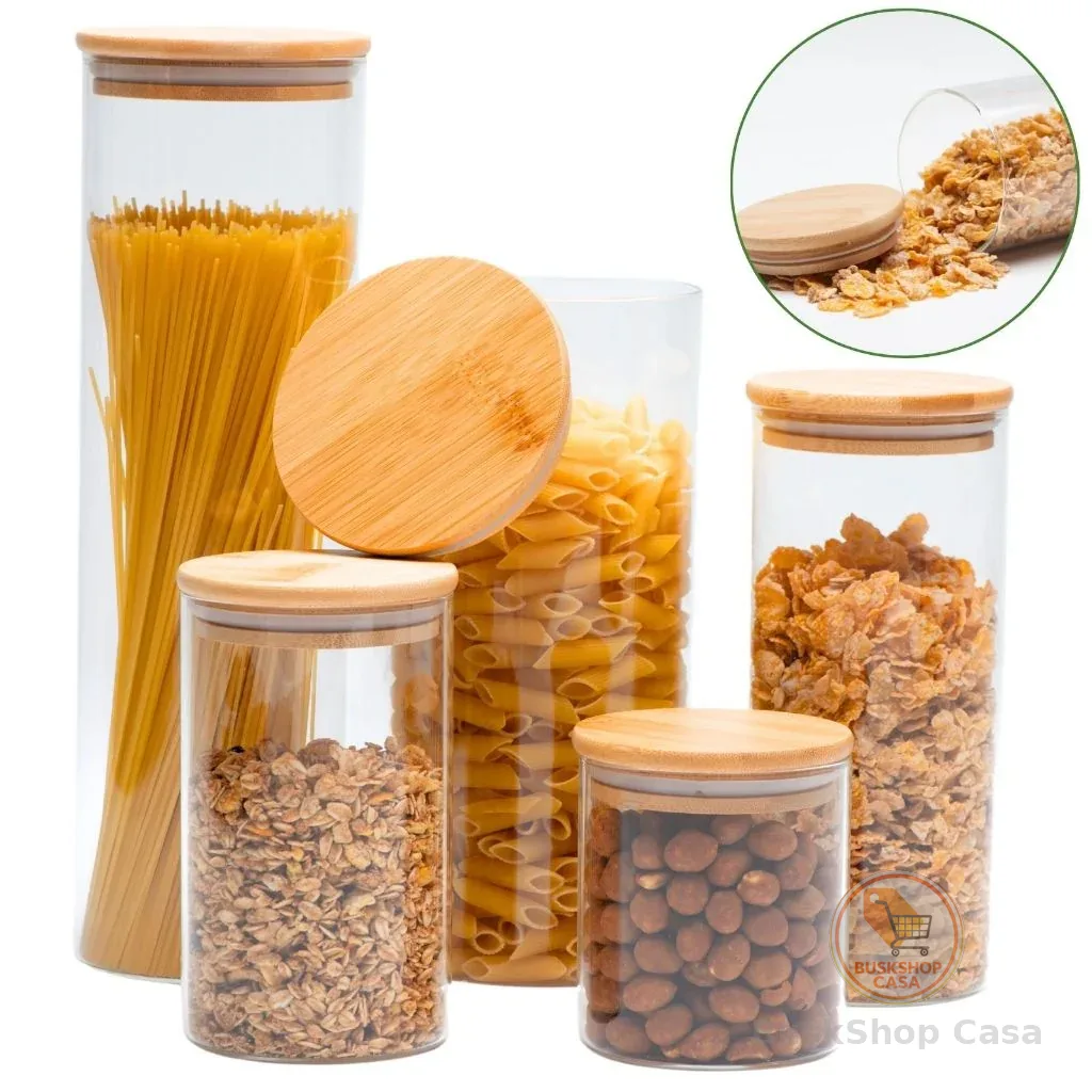 🧡 05 Potes de Vidro Hermético Transparente Tampa Bambu Porta Alimentos