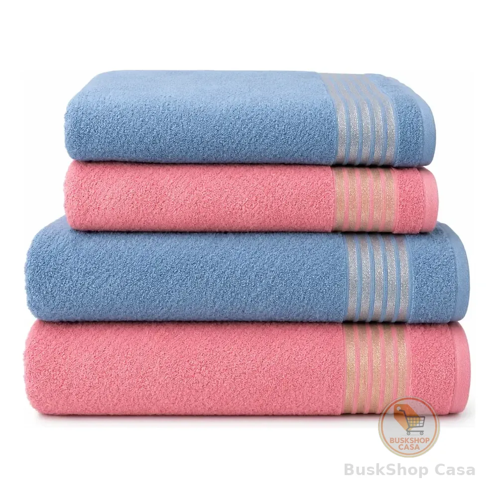 Jogo De Toalhas Banhão 4 Peças 100% Algodão Absorção Premium Azul E Rosa Lisa