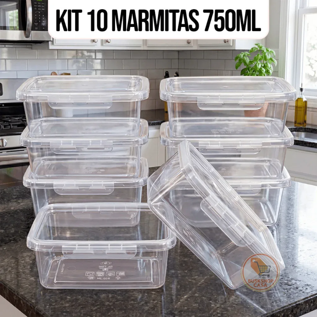 🧡 Kit 10 Marmitas Potes 750ml Travas Laterais hermeticas - Livres de BPA Alimentos organiza congelador - KAZIVA