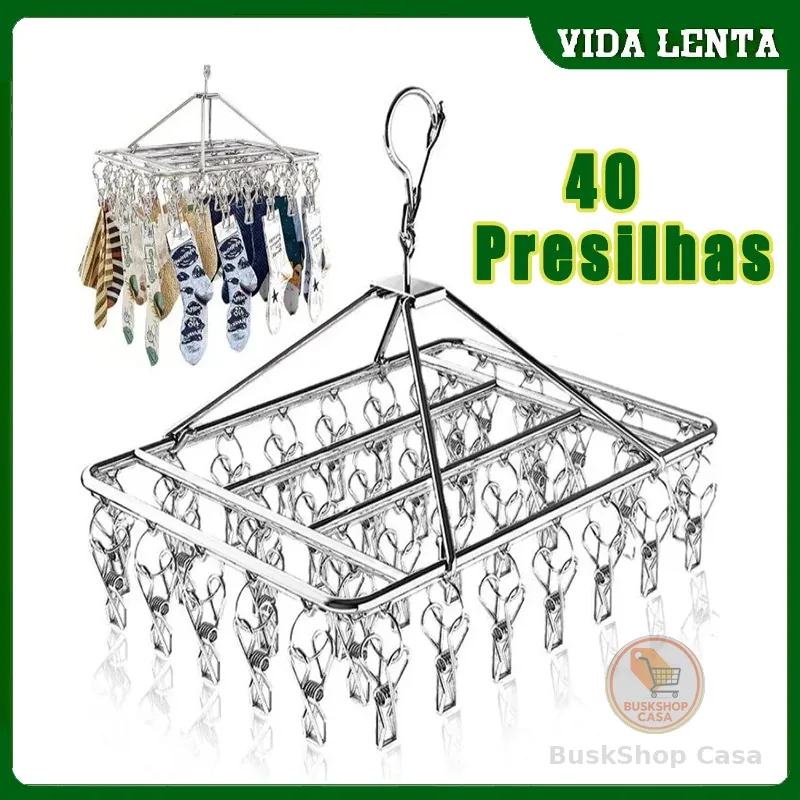 Varal Retângulo Inox 40 Clips Prendedores Para Apartamento Roupa