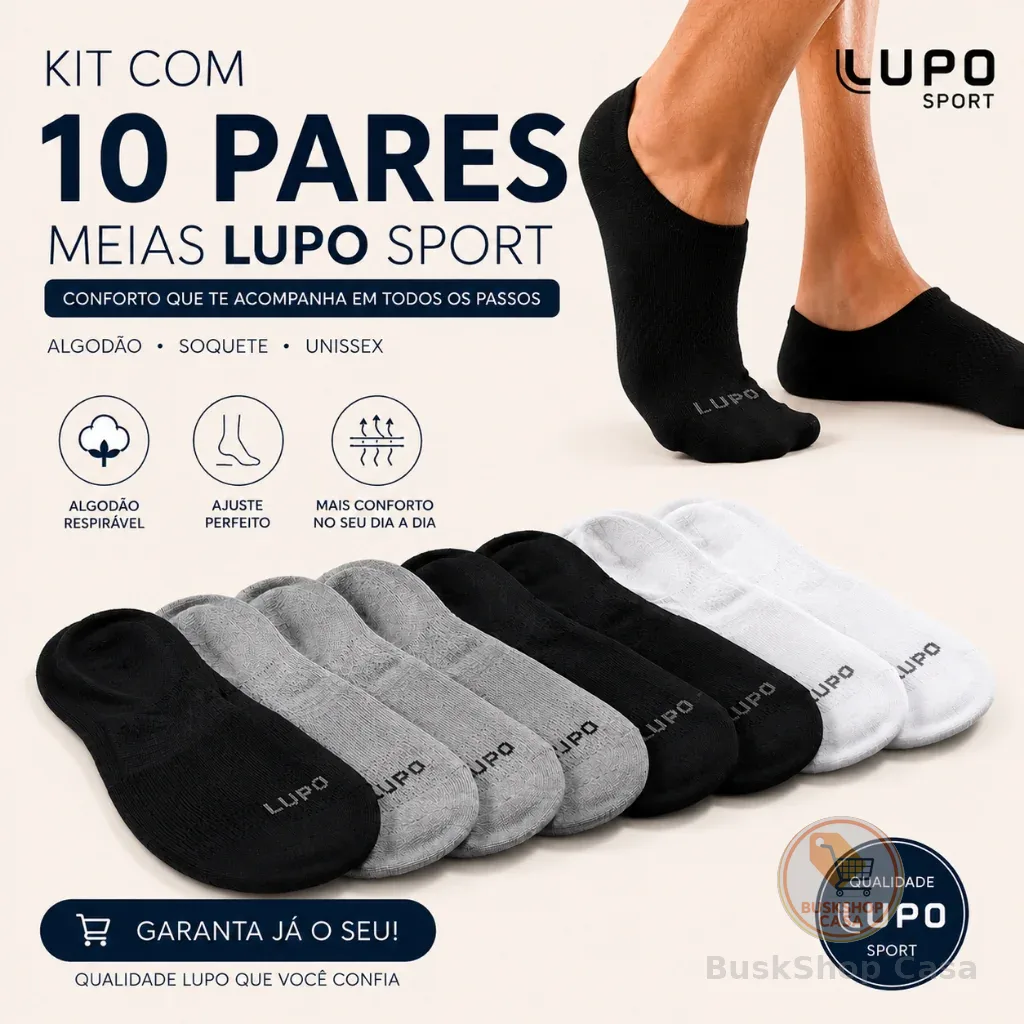 🧡 Kit 10 Pares Meias Lupo Sport Cano Invisível Algodão Soquete Sapatilha Unissex Original Confortável