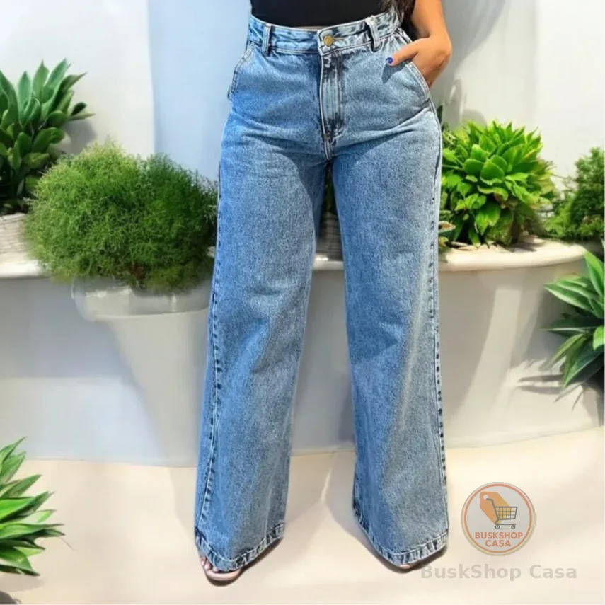 Calça Wide Leg Jeans Feminina Marmorizada Cintura Alta 100% Algodão Premium