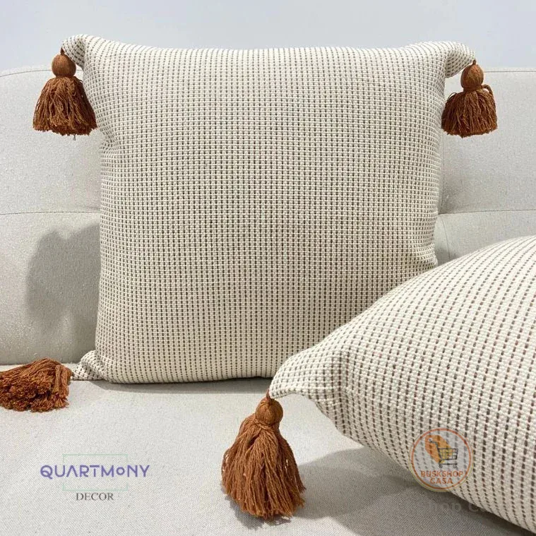 Kit 2 Capa Almofada Pontilhado Caramelo Decorativa Pompom Sofa Artesanal Rustico Algodão Moderno