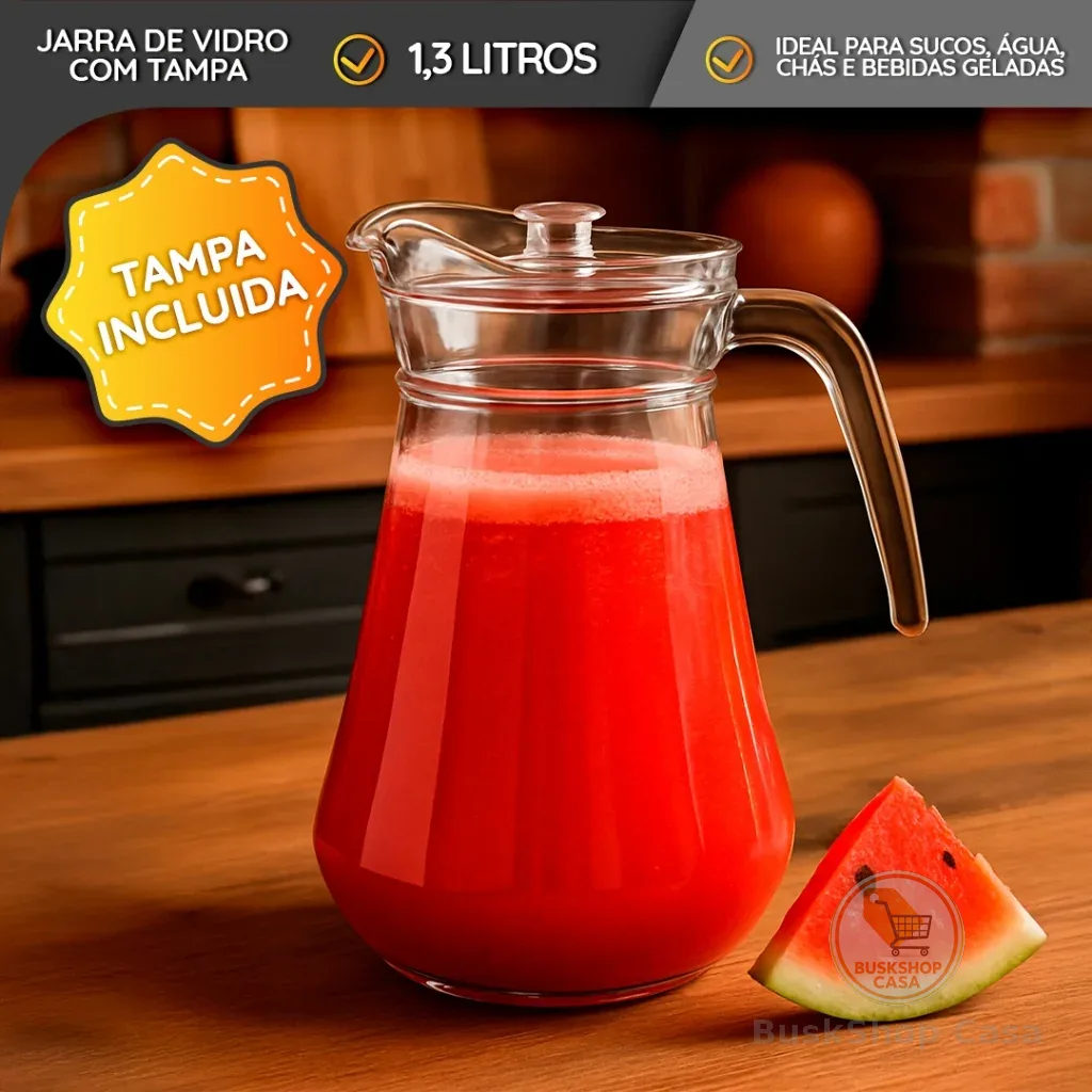 Jarra De Vidro 1,3 Litros Com Tampa Grande Litros Água Suco Drinks