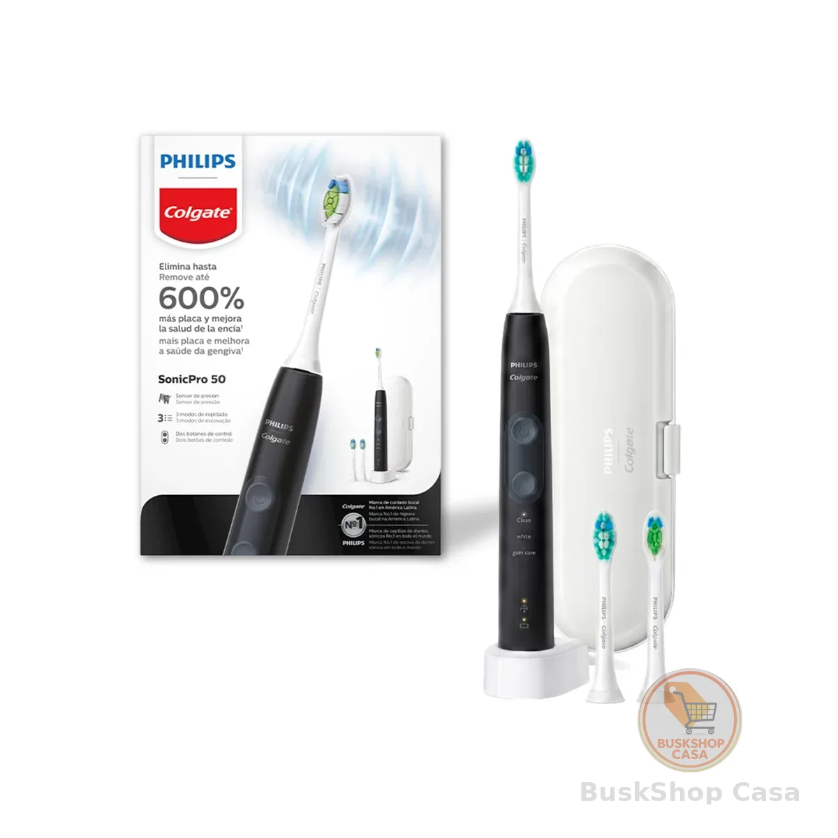 Philips Colgate Escova De Dente Elétrica SonicPro 50, Remove 600% Mais Placa, Gengivas 100% Mais Saudáveis, Recarregável, 3 Cabeças, Estojo De Viagem, Bivolt