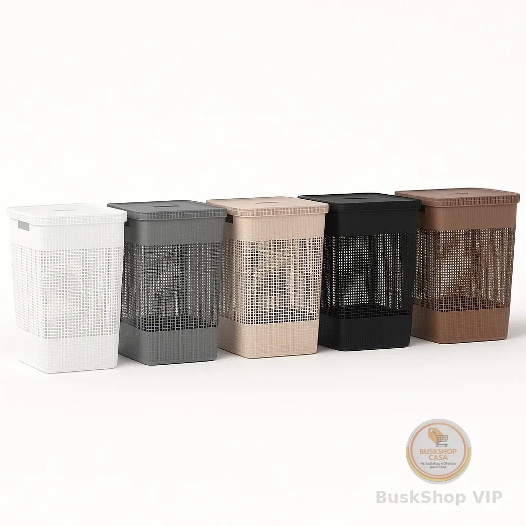 Cesto de Roupas Grid com Tampa Plastico OU Bambu 49L Organizador de Lavanderia OU