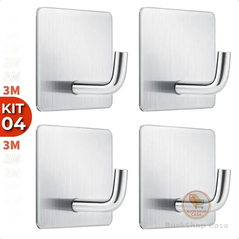 Kit 4 Ganchos Adesivos 3m Aço Inox Suporte Multiuso Para Pendurar Toalhas Roupas Chaves Banheiro Cozinha Cor Prata Marca Homeroarte
