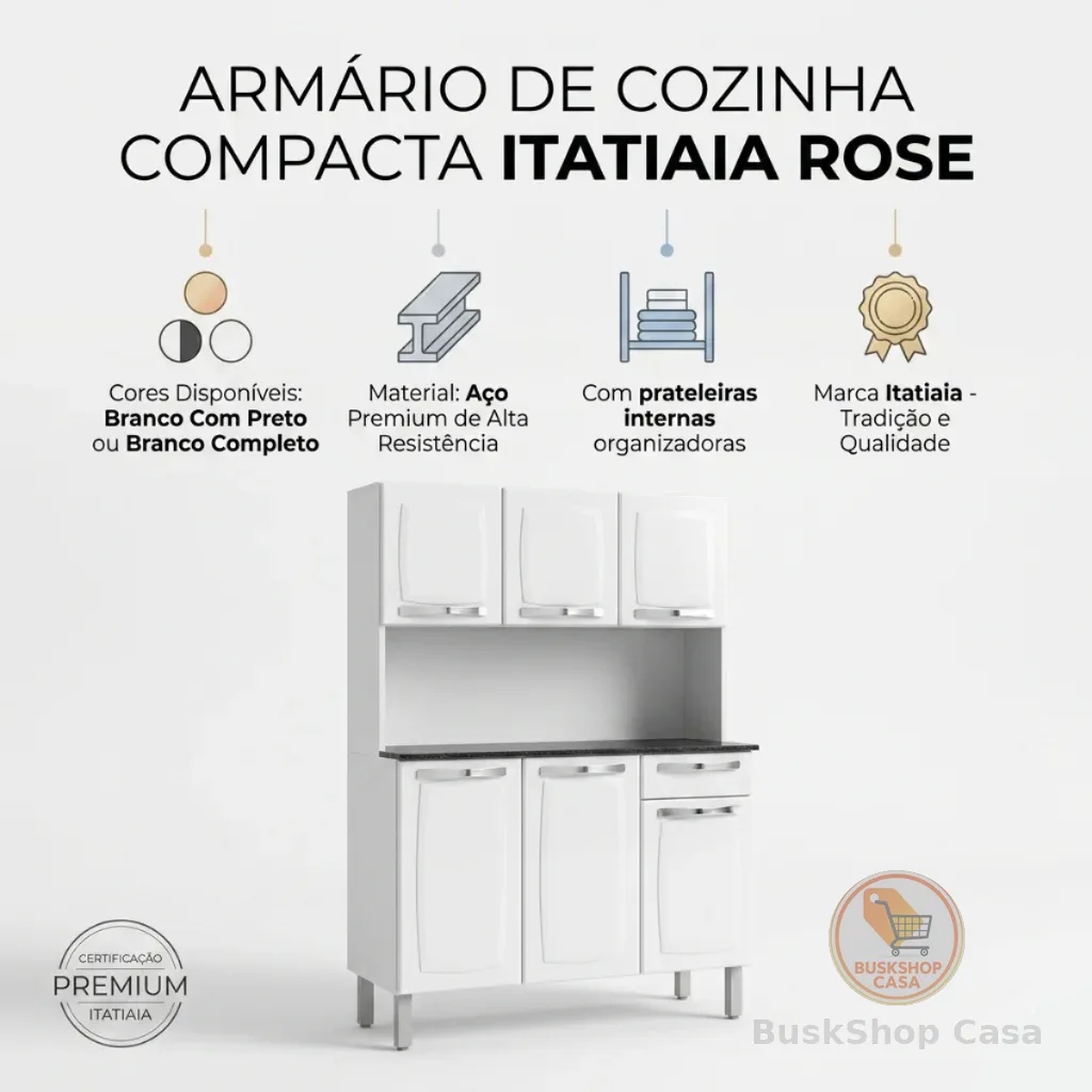 🧡 Kit Cozinha Compacta Itatiaia Rose Cores Branco ou Branco com Preto - 6 Portas 1 Gaveta