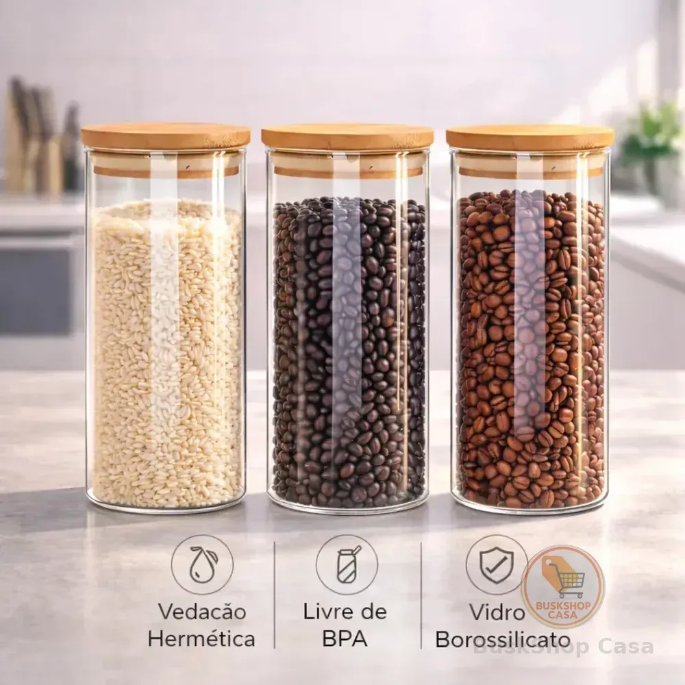 Kit 3 Potes De Vidro Herméticos Com Tampa De Bambu De 1 Litro Para Mantimentos Alimentos Grãos Café Massas Cereais Cozinha Com Vedação Hermética Vidro Borossilicato Bpa Free Transparente