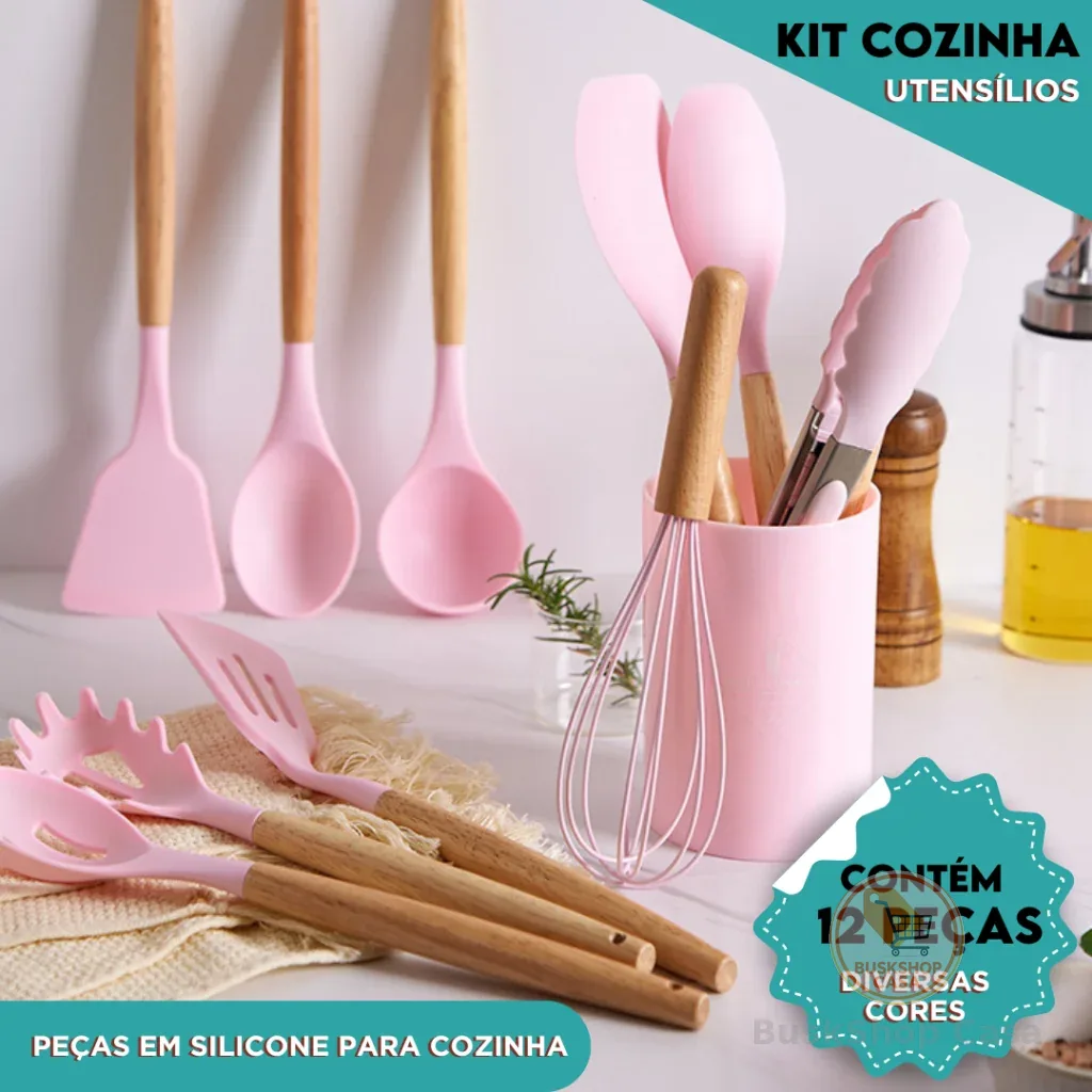 Kit Utensílios de Cozinha  Com 5/12 Peças em Silicone com Cabo de Madeira Completo  - CH