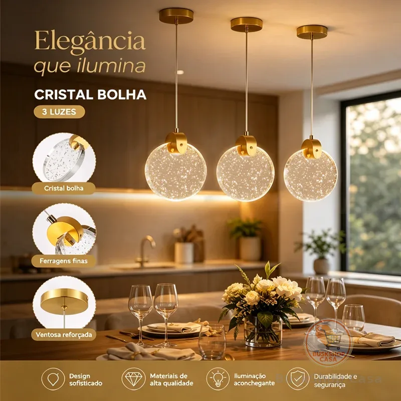 Lustre De Cristal Dourado Em Forma De Bolha Com Luzes LED Design moderno e minimalista 3 Cores(110-220V)