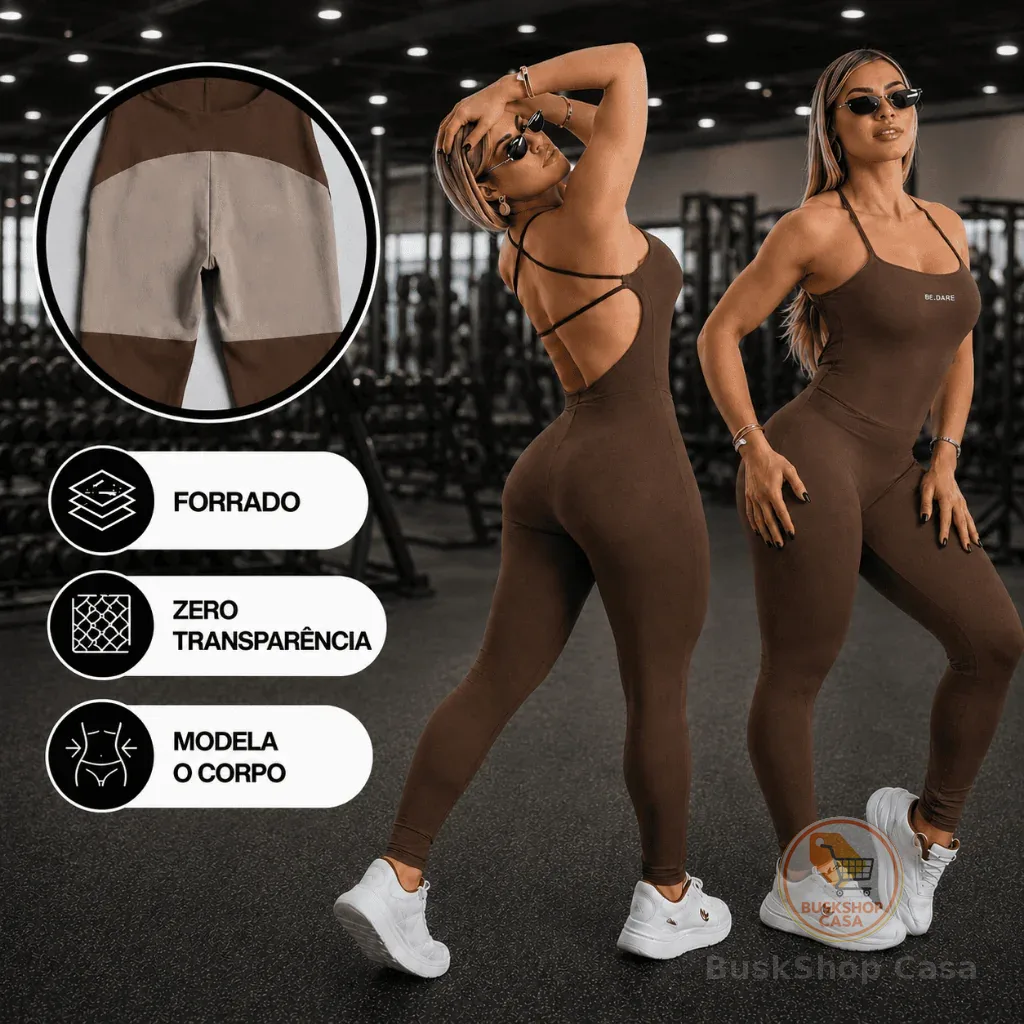 Macacão Academia Forrado Feminino Longo Fitness com Costas Abertas e de Alças Cruzadas em Suplex