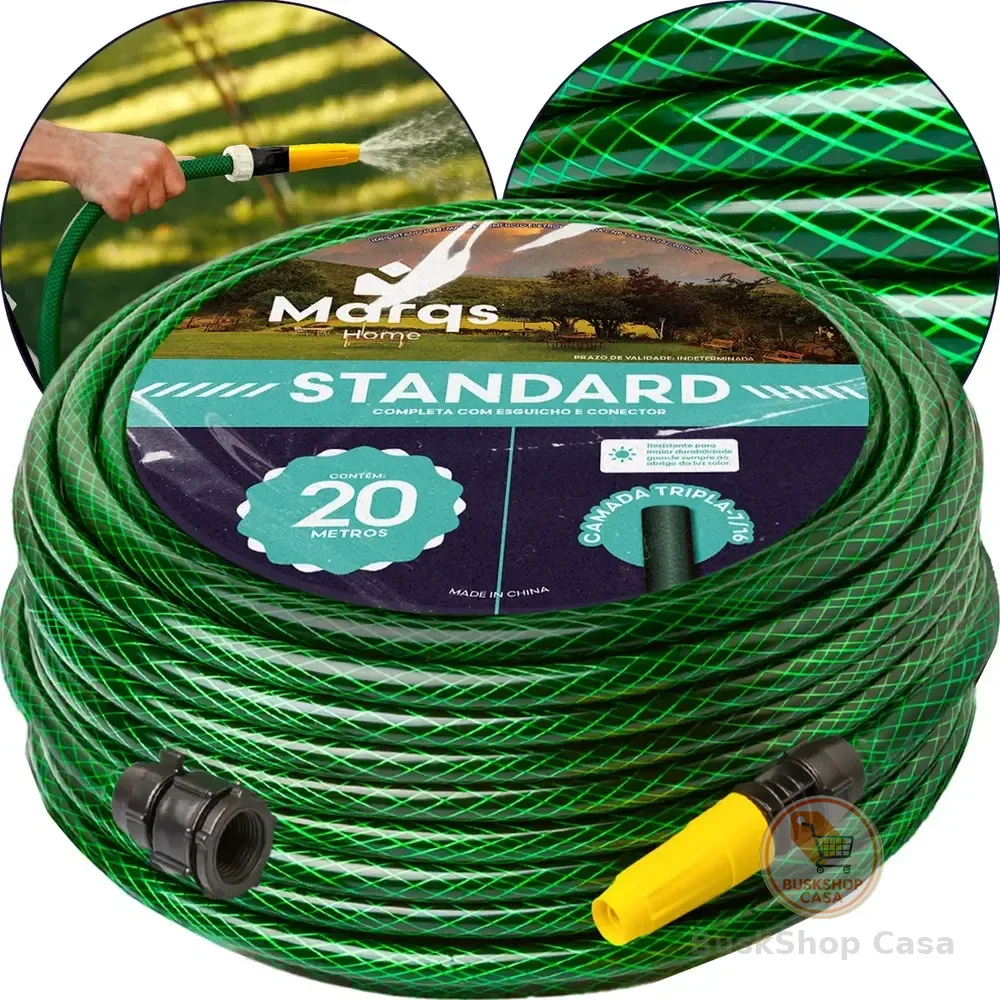 Mangueira Jardim 20m Metros Com Esguicho Trançada Reforçada Flexível 7/16 Anti Dobra Irrigação Quintal Poço Lavagem Durável Marqs Home Verde