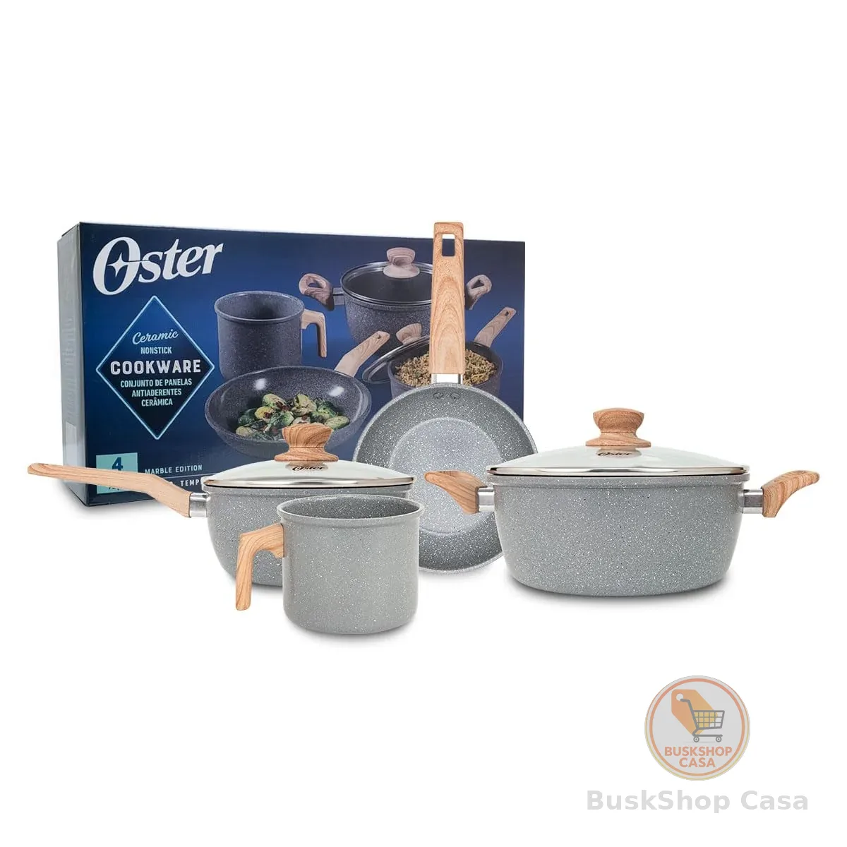 OSTER JOGO DE PANELAS E LEITEIRA MARBLE EDITION DARK GREY – 4 PEÇAS COM REVESTIMENTO CERÂMICO ANTIADERENTE, ALÇAS EM SILICONE ANTITÉRMICO E BASE COMPATÍVEL COM INDUÇÃO