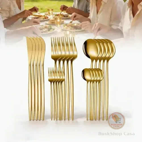 Kit Talheres 25 Peças Jogo De Talheres Inox Faqueiro Dourado