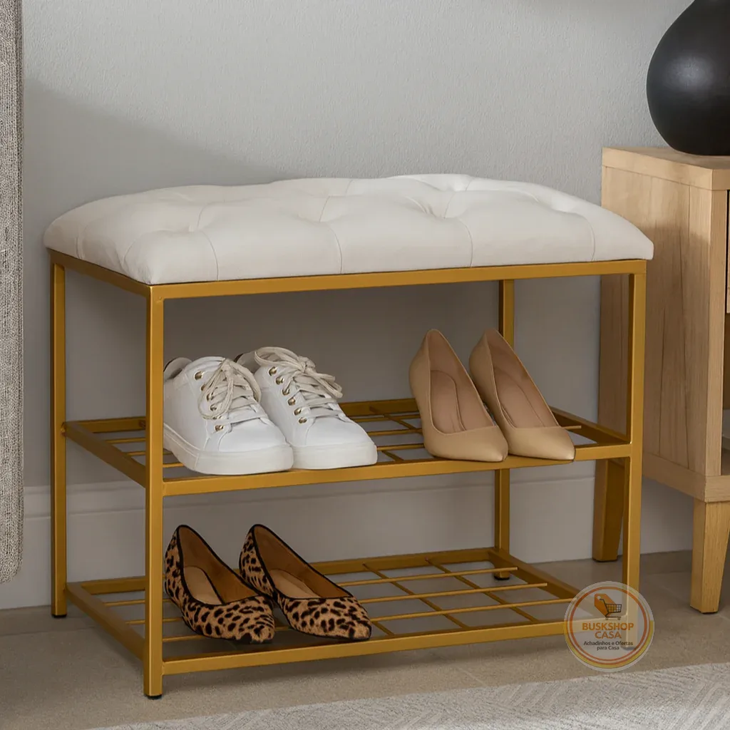 Sapateira Banco 2 Andares 47x30x60cm Metal Dourado com Assento Estofado Veludo Organizador Entrada Quarto Closet