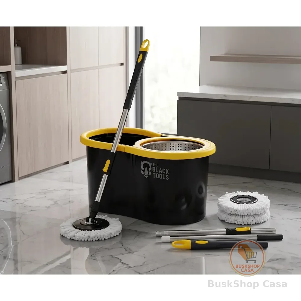 Mop Giratório 360° Balde Inox 8 Litros Centrífuga C/ 2 Refis Preto E Amarelo