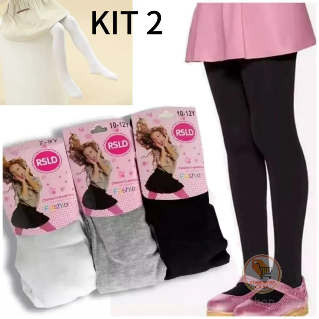 Kit com 2 Meia calça infantil Frio Inverno Para Bebê Menina cor Branca/Preto