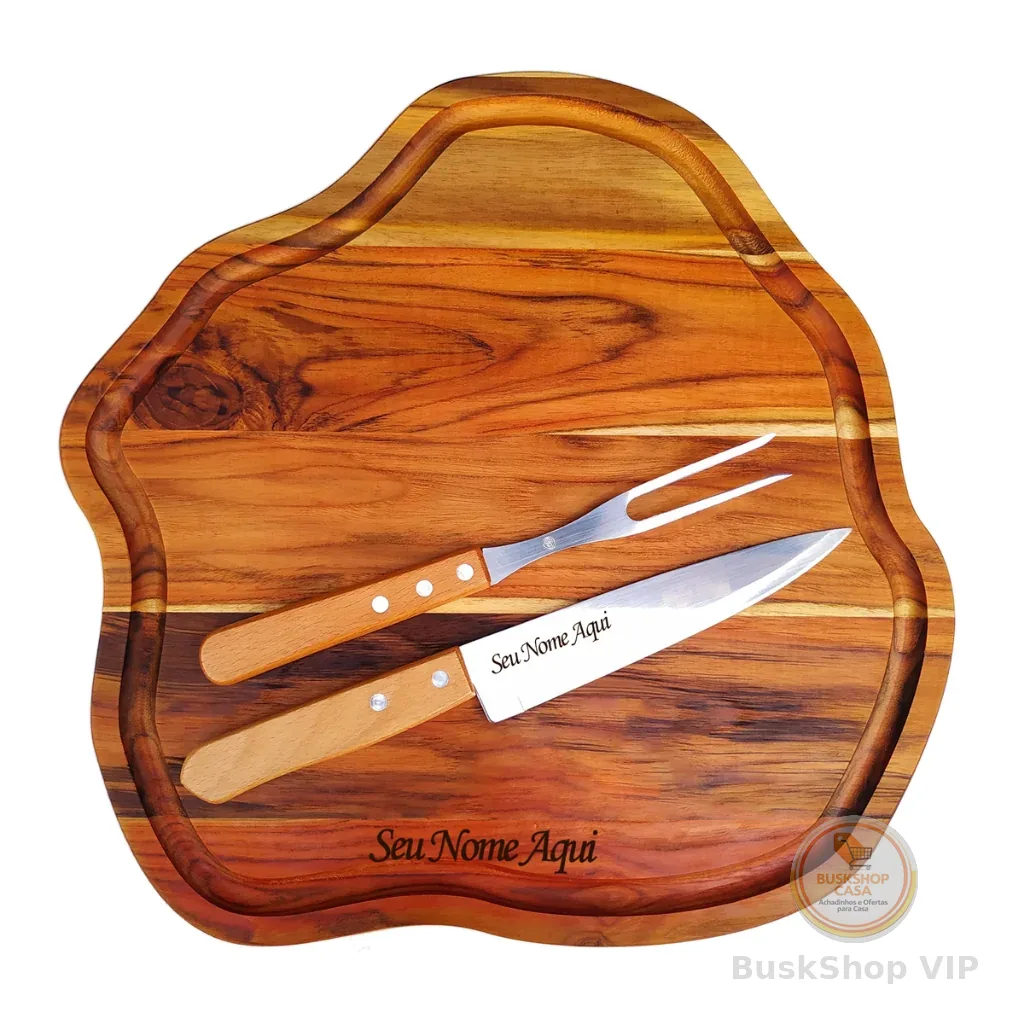 kit churrasco personalizado tábua premium faca e garfo inox