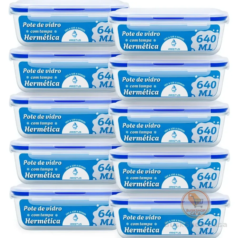 Kit 10 Potes Vidro Hermético Aristus 640ml Marmita Anti Vazamento Forno Micro-ondas Freezer Tampa 4 Travas - Azul