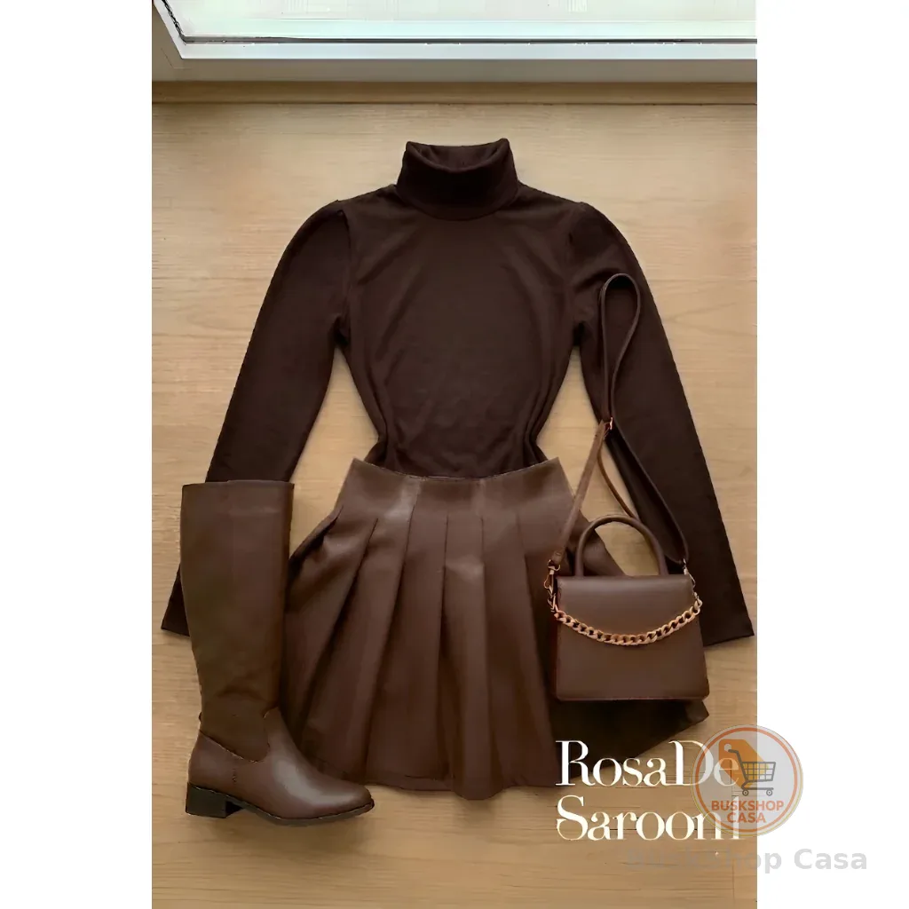 Conjunto Feminino Body Gola Alta Marrom + Saia Couro Plissada