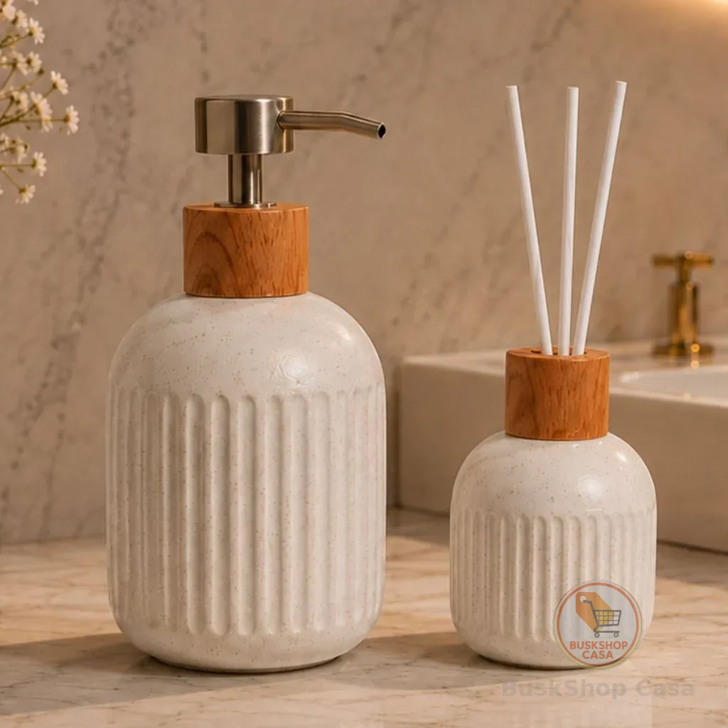 Kit Porta sabonete liquido Porcelana + difusor de aroma banheiro lavabo aromatizador saboneteira