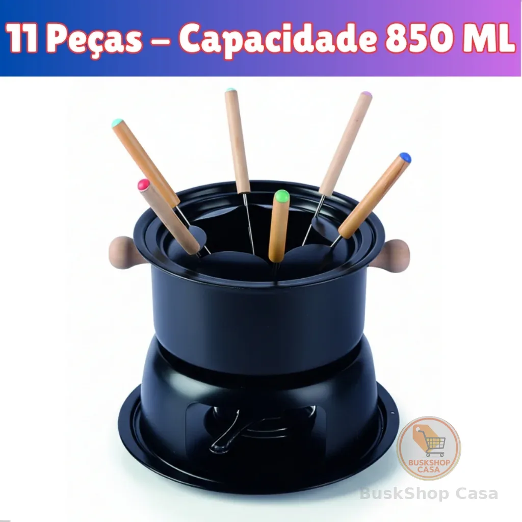 Aparelho de Fondue 11 Peças Aço Carbono com Garfinhos e Rechaud Queimador Para Queijo e Chocolate