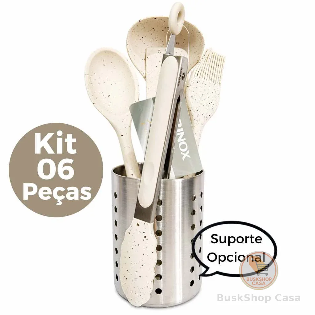 Kit Utensílios Cozinha Silicone Premium Brinox Flex 06 Peças Suporte Inox Opcional