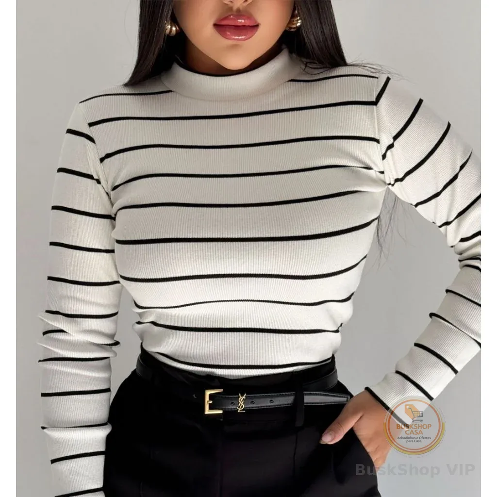 Blusa Feminina Cacharrel Manga Longa Gola Alta Listrada Inverno Moda Basica Casual Trabalho