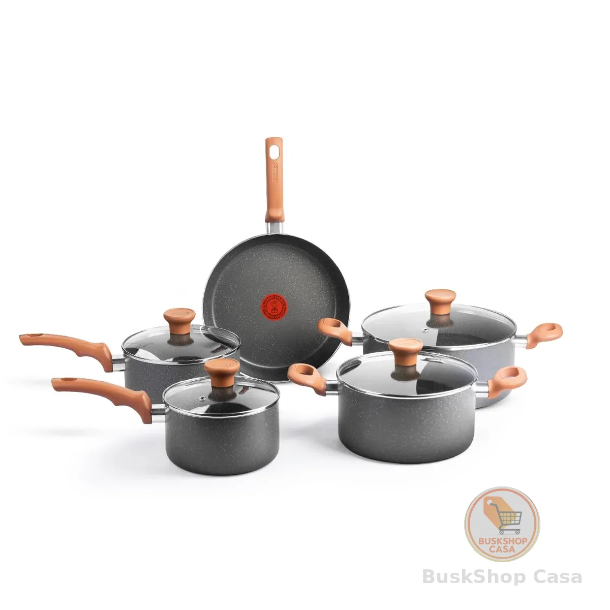 Jogo de Panelas Rochedo Natural Stone 5 peças, Cinza com Efeito Pedra, Antiaderente Minerium, Thermo-Sinal, Alta Espessura de 2mm e Cozimento Homogêneo