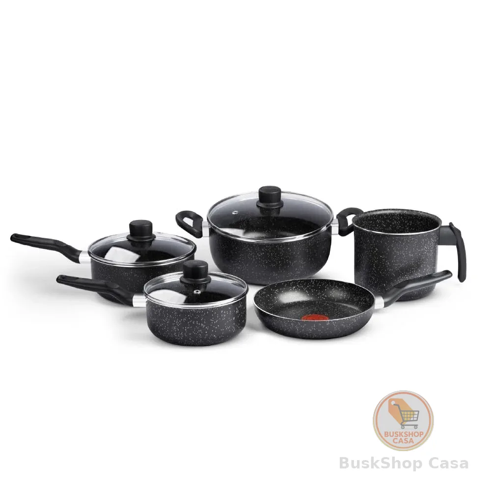 Jogo de Panelas Rochedo Stone Pro 5 peças, Preto com Efeito Pedra e Antiaderente Minerium, Cabos Ergonômicos, Base de Limpa Fácil e Distribuição Uniforme de Calor