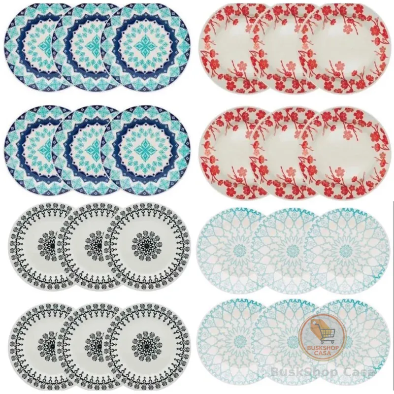 Jogo de Pratos Fundo Jantar Decorado Louça Cerâmica Lindo 12 peças Biona 22cm mesa posta maravilhoso