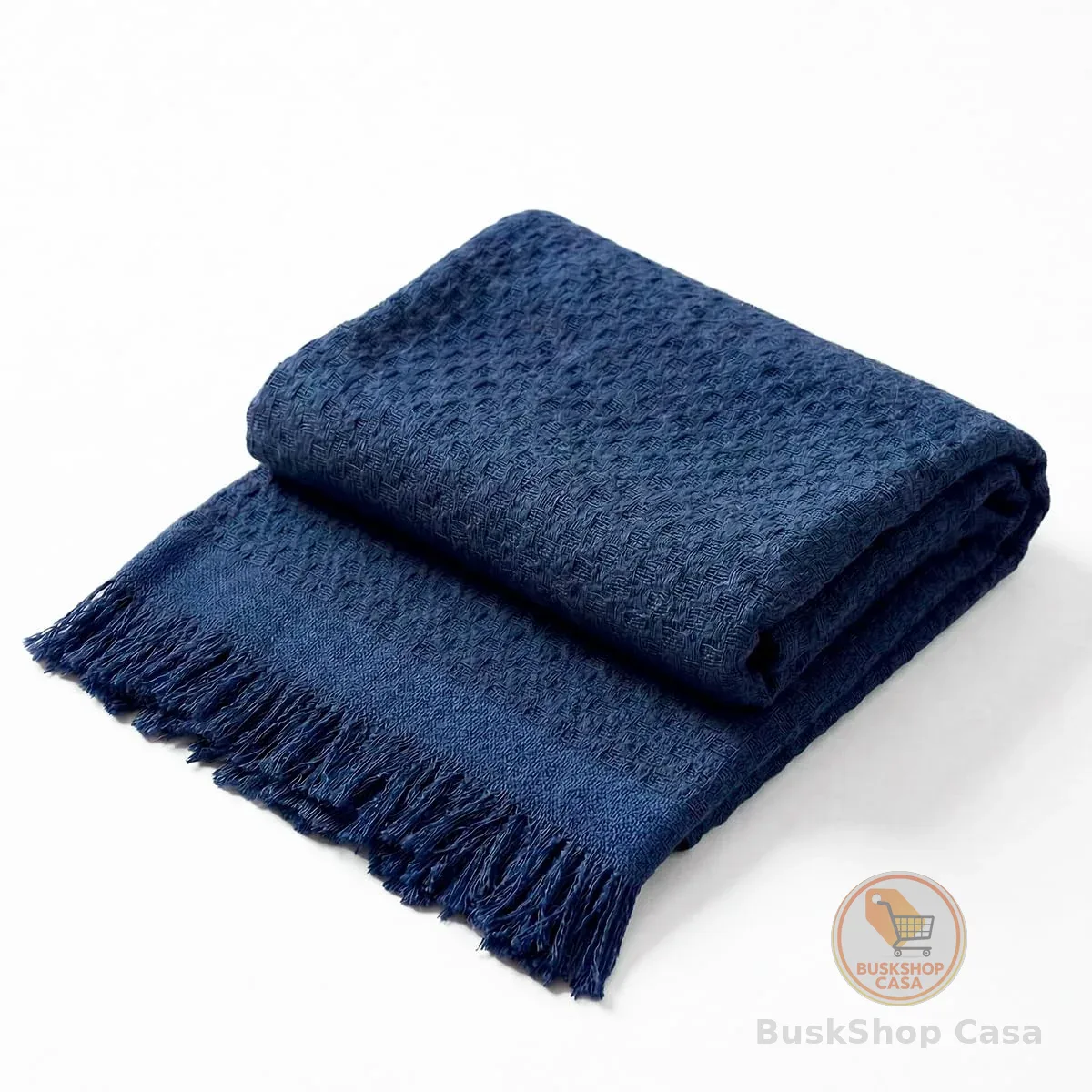 Decolab Manta Básica de Algodão Decorativa Moderna com Franja Estilo Boho para Poltrona, Sofá e Cama 150 x 120 cm em Acabamento Artesanal (Azul noturno)