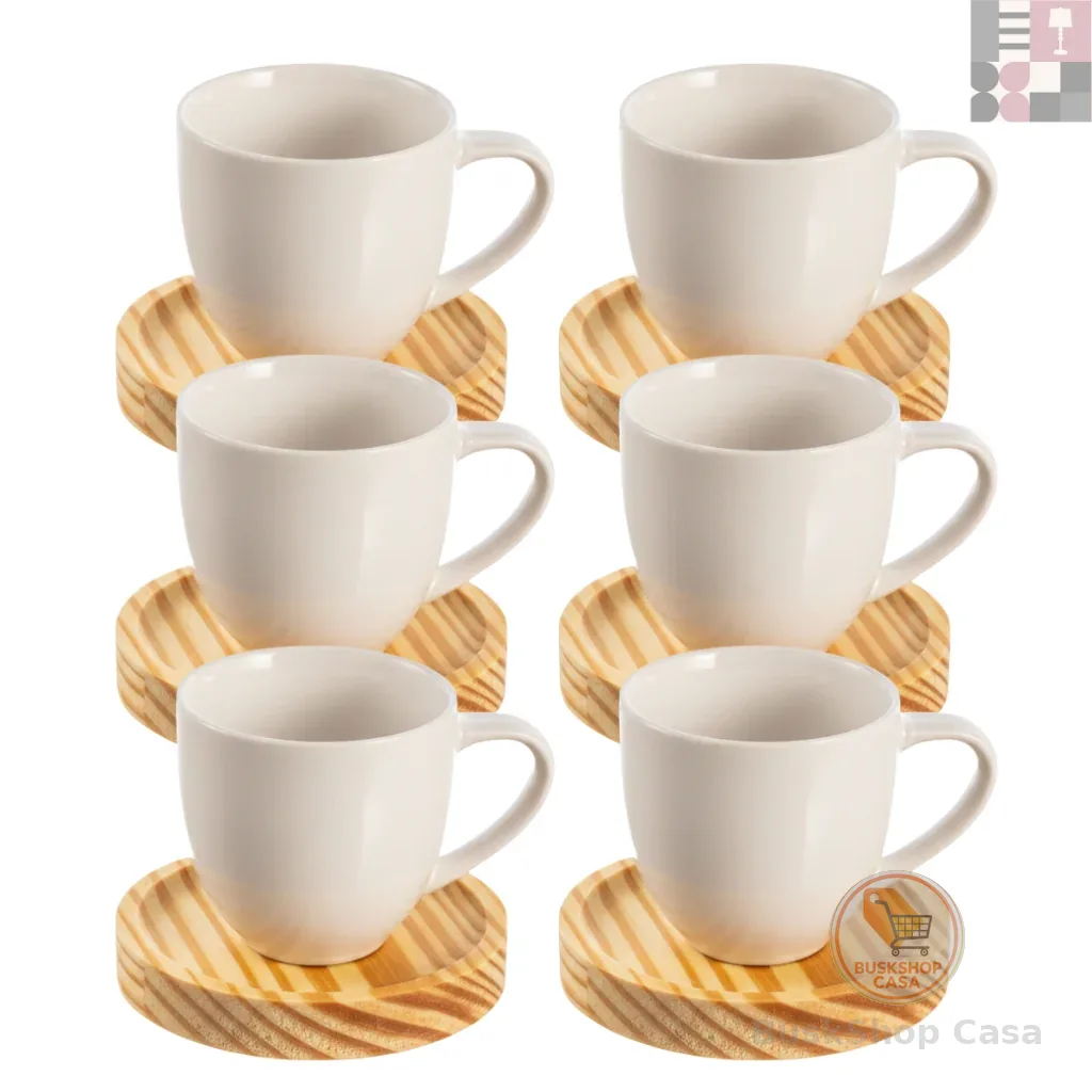 Jogo de Xícaras em Porcelana Café Expresso - 12 Peças Pires em Madeira (6 xícaras 80 ML + 6 pires)