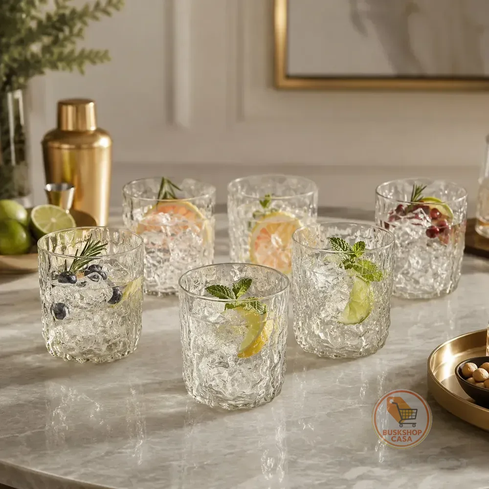 6 Copos Baixos Vidro Transparente Martelado drink