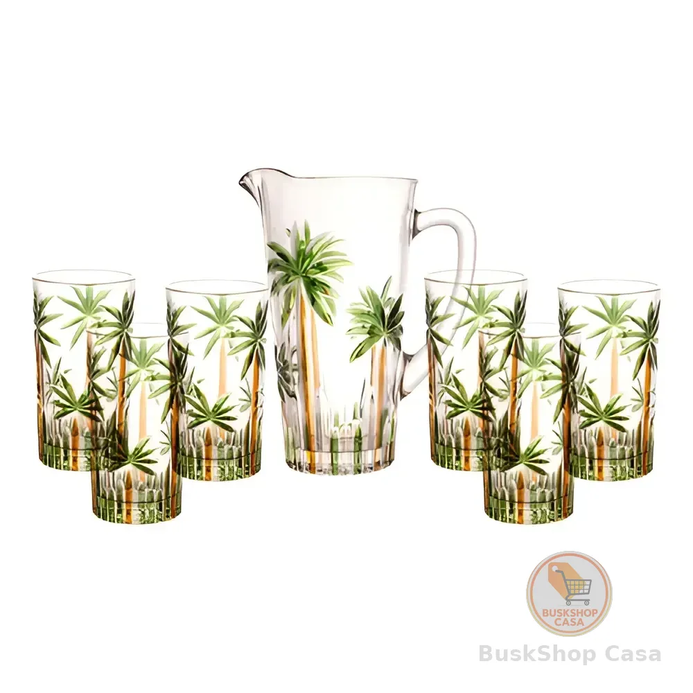 Jarra Com 6 Copos Cristal Palm Tree Handpaint Wolff